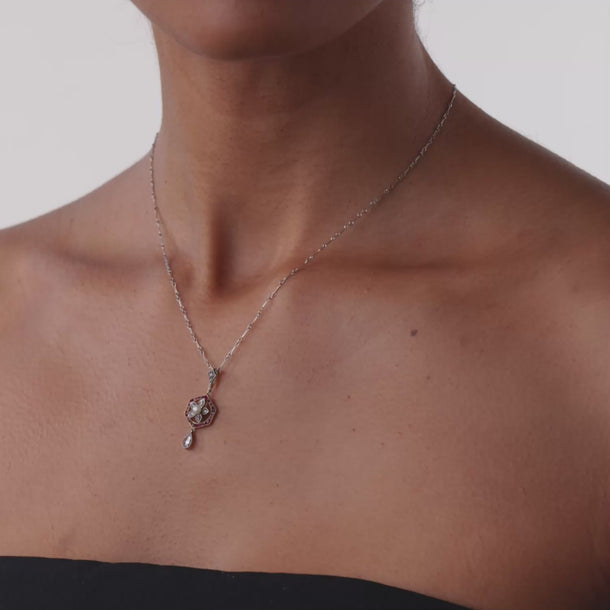 Victorian pearl diamond 18k yellow gold and platinum floral necklace