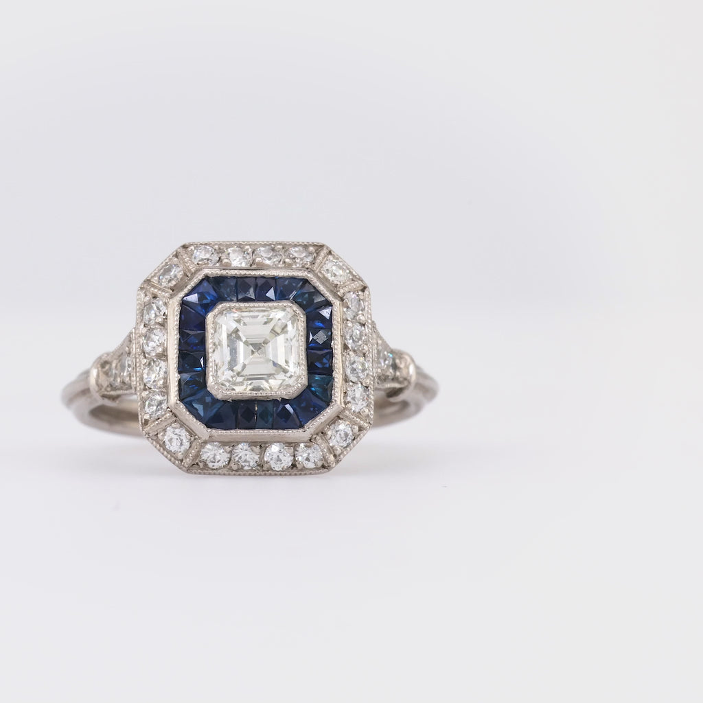 Art Deco Style Diamond Sapphire Platinum Square Halo Ring Rings Jack Weir & Sons