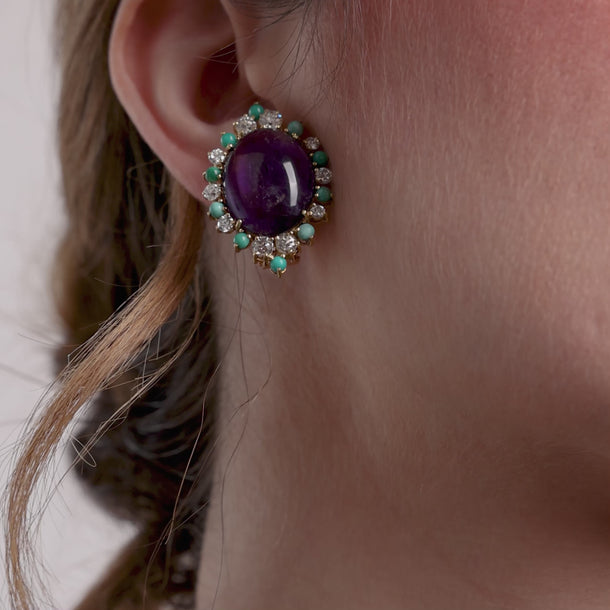 Vintage diamond amethyst turquoise 18k yellow gold cluster earrings Earrings Jack Weir & Sons
