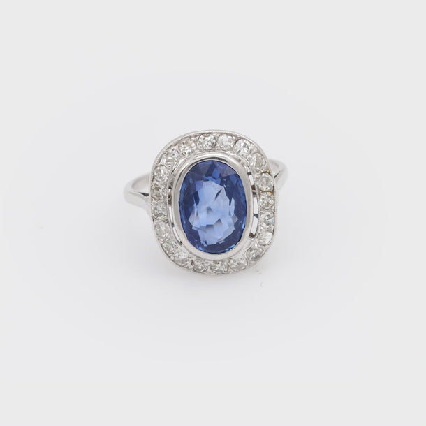 Edwardian GIA 4 carat no heat sapphire diamond 18k white gold cluster ring Jack Weir & Sons