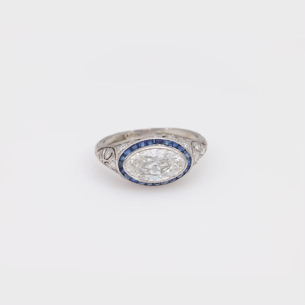 Art Deco 2 carat moval cut diamond sapphire platinum engagement ring Jack Weir & Sons