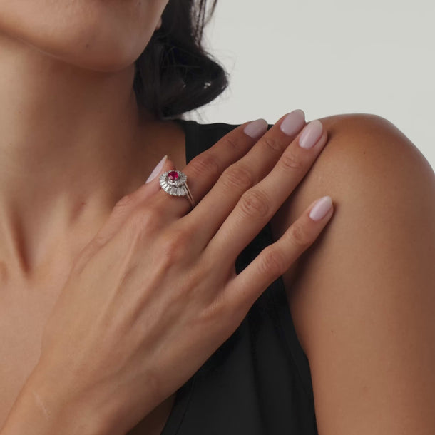Mid Century ruby diamond 14k white gold ring