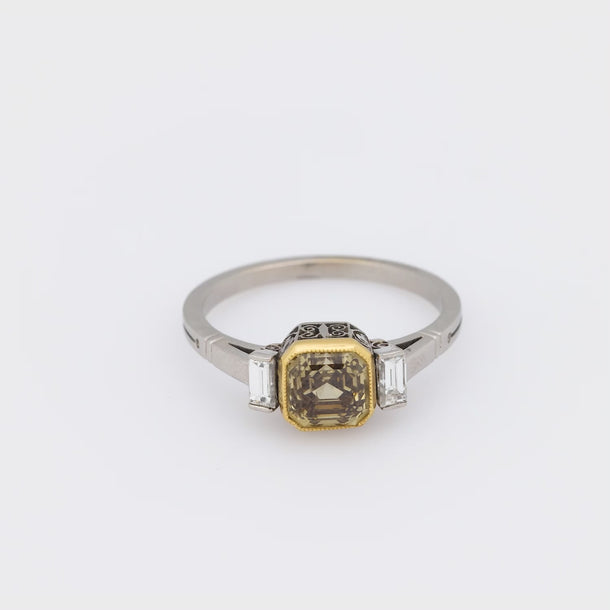 Vintage 1.74 carat fancy yellow brown diamond platinum 18k yellow gold ring Jack Weir & Sons
