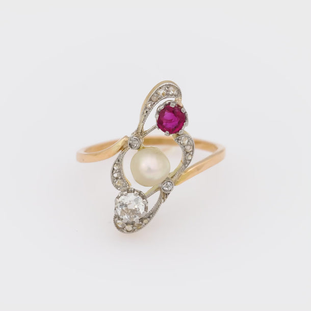 Edwardian pearl ruby diamond 18k yellow gold ring Jack Weir & Sons