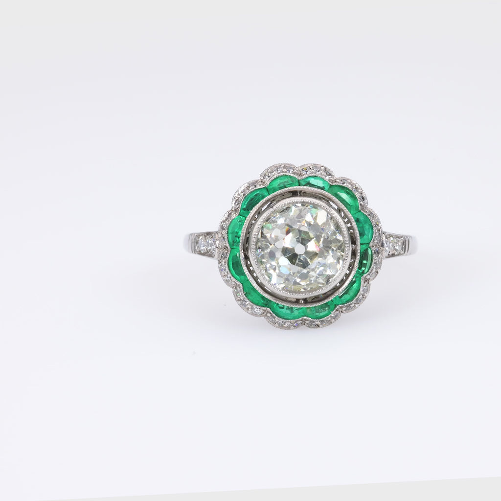 Art Deco Inspired 1.82 Carat Old European Diamond Emerald Platinum Halo Ring