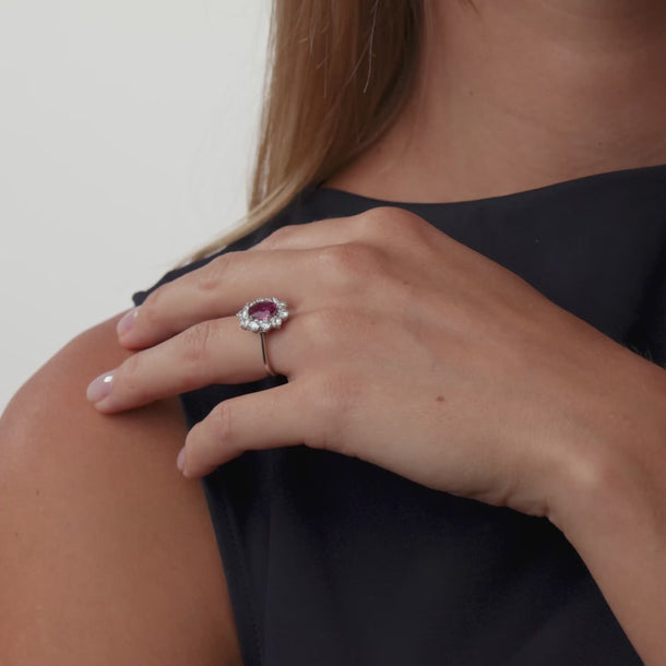 Vintage GIA 1.80 carat no heat ruby diamond 18k white gold cluster ring