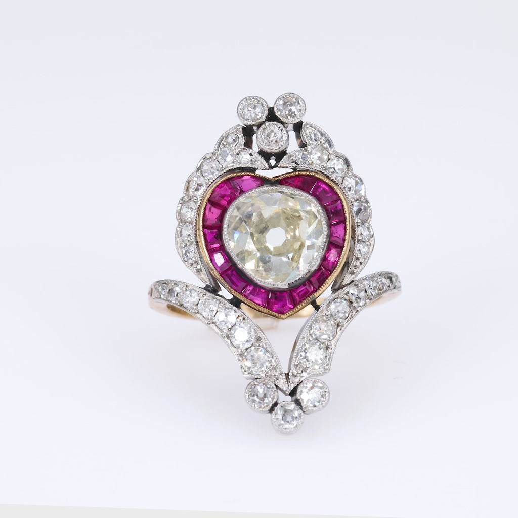 Belle Époque Style  2.12 Carat Diamond Ruby 18K Yellow Gold Cocktail Ring