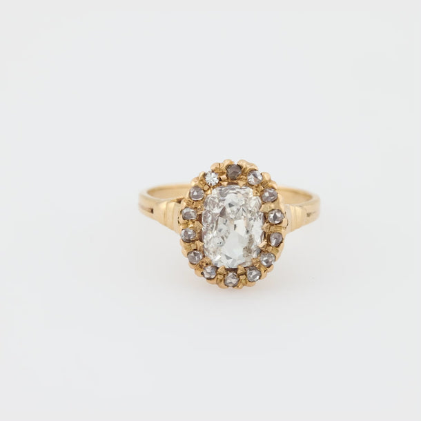 Victorian GIA 1.07 carat old mine cut diamond 14k yellow gold cluster ring Jack Weir & Sons