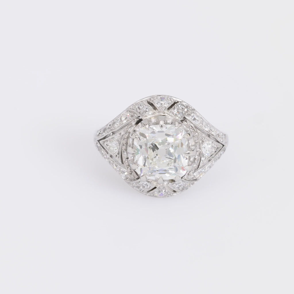 Art Deco French GIA 1.73 carat old mine cut diamond platinum ring