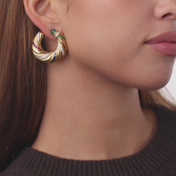 Vintage diamond gemstone 18k yellow gold large hoop earrings