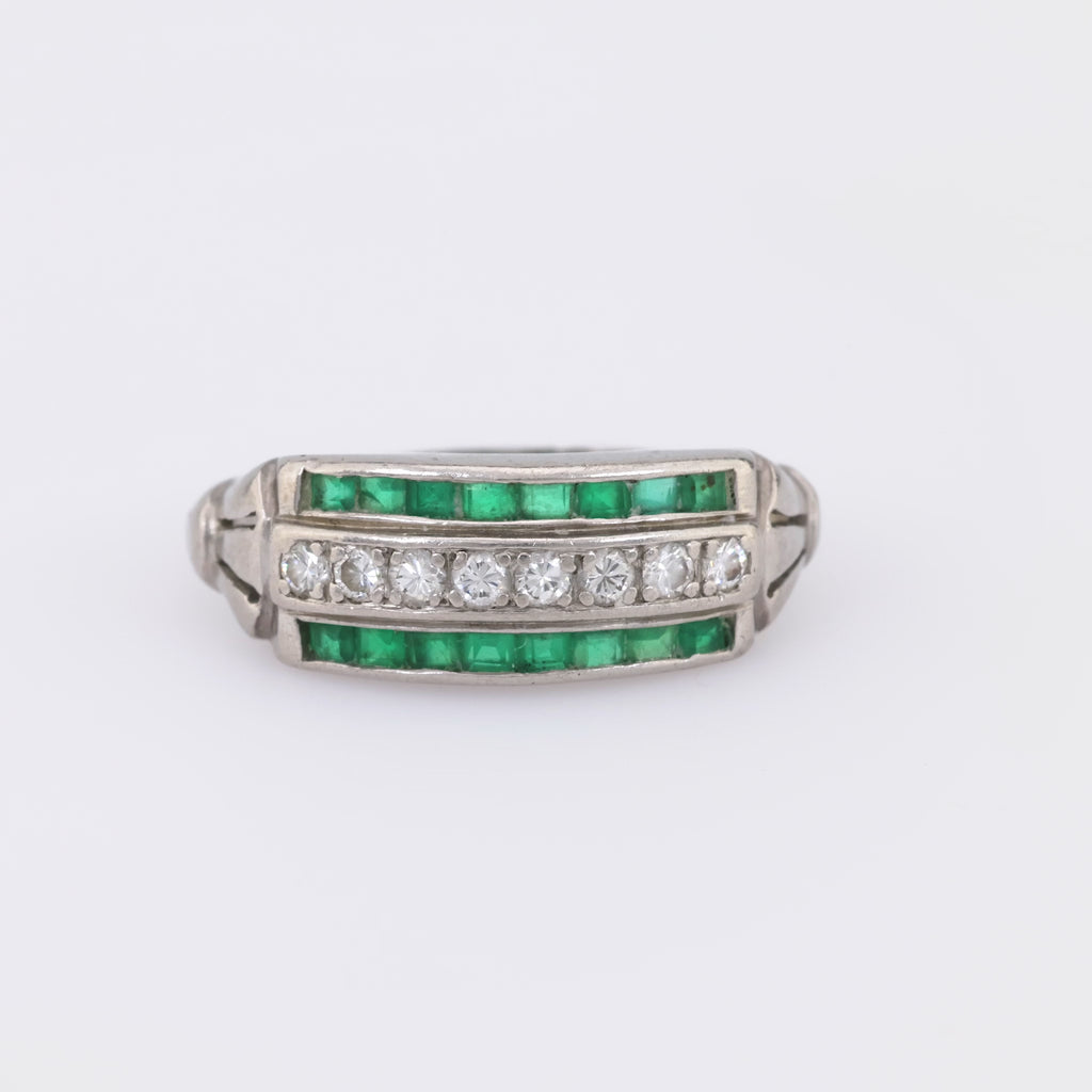 Art Deco Diamond Emerald Platinum Ring