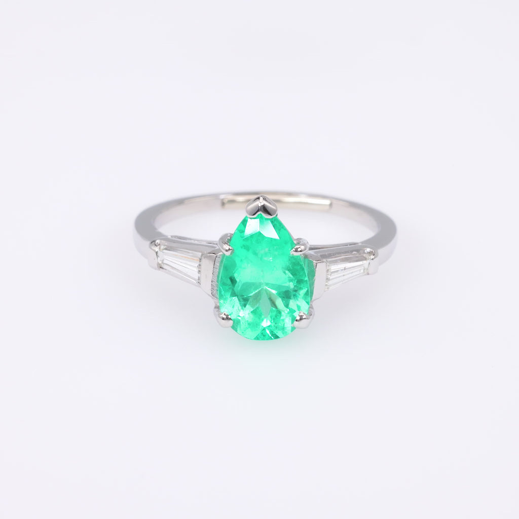 Mid Century Emerald Diamond Platinum Ring