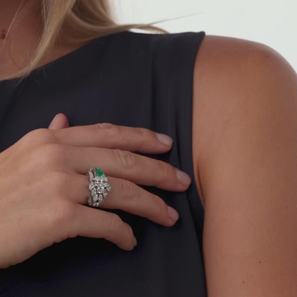 Mid Century 1.70 carat diamond emerald platinum cocktail ring