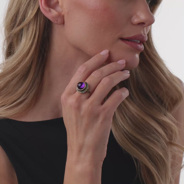 Art Nouveau 7.25 carat amethyst 14k yellow gold enamel cocktail ring