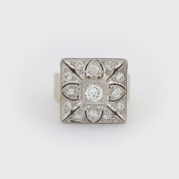 Mid Century diamond 14k white gold and platinum square cocktail ring Jack Weir & Sons
