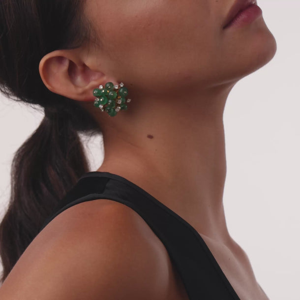 Vintage diamond cabochon cut emerald 14k yellow gold cocktail earrings