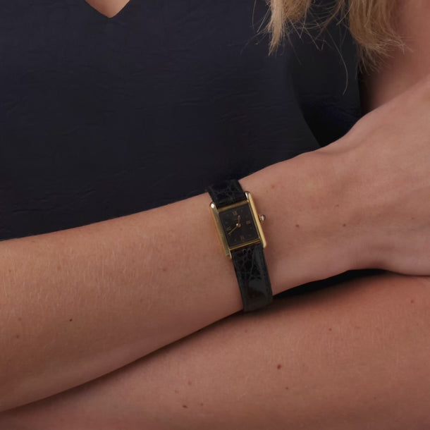 Cartier Paris gold plated with black leather strap buckle Tank watch