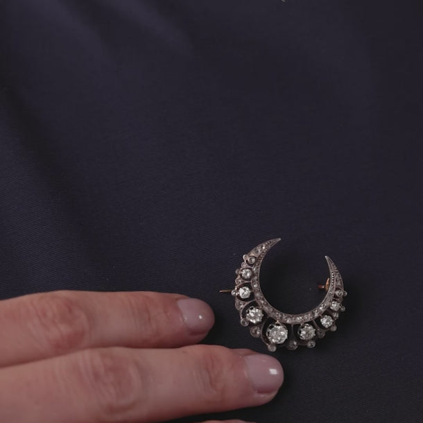 French Victorian diamond 18k yellow gold silver crescent brooch Brooches Jack Weir & Sons