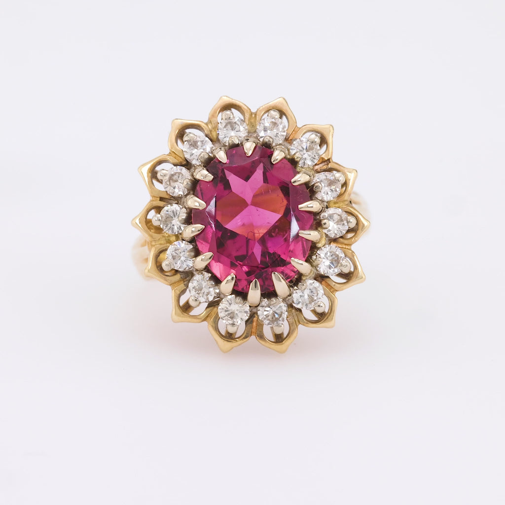 Vintage 3.30 carat pink tourmaline diamond 14k yellow gold cluster ring