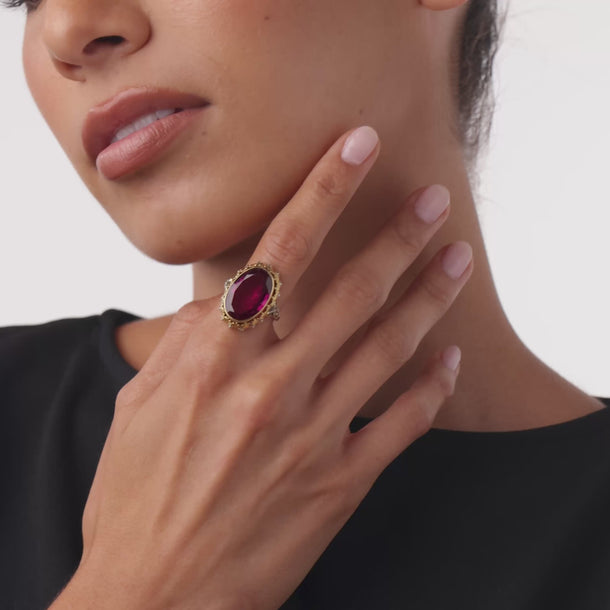 Victorian glass 18k yellow gold silver filigree cocktail ring