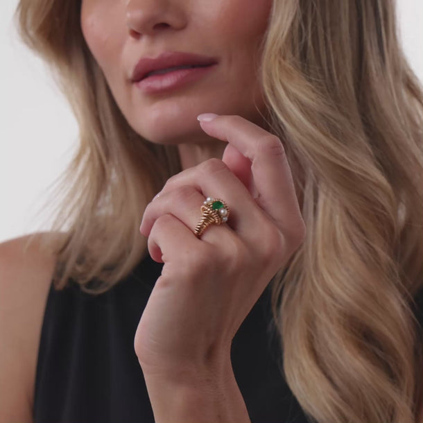 French Mid Century emerald pearl 18K yellow gold ring