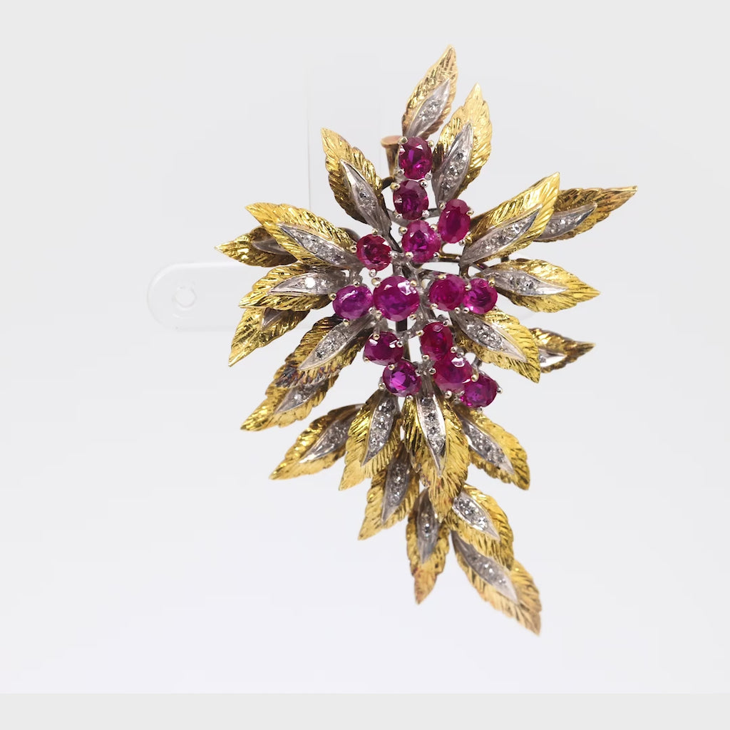 Retro 5 carat ruby diamond 14k gold leaf brooch Jack Weir & Sons