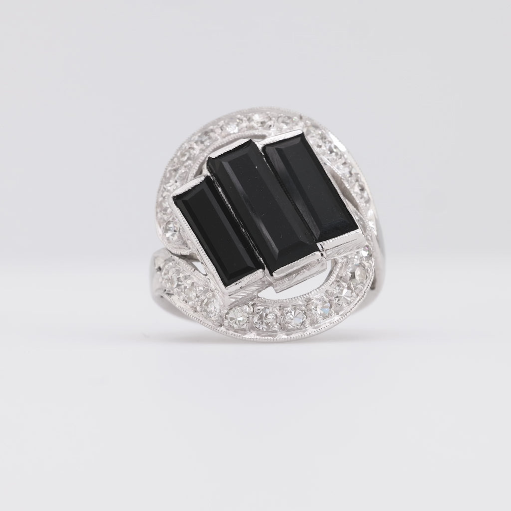 Art Deco Onyx Diamond Platinum Three Stone Ring