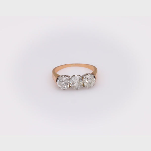 Edwardian 2 carat total weight diamond 18k yellow gold three stone ring Jack Weir & Sons