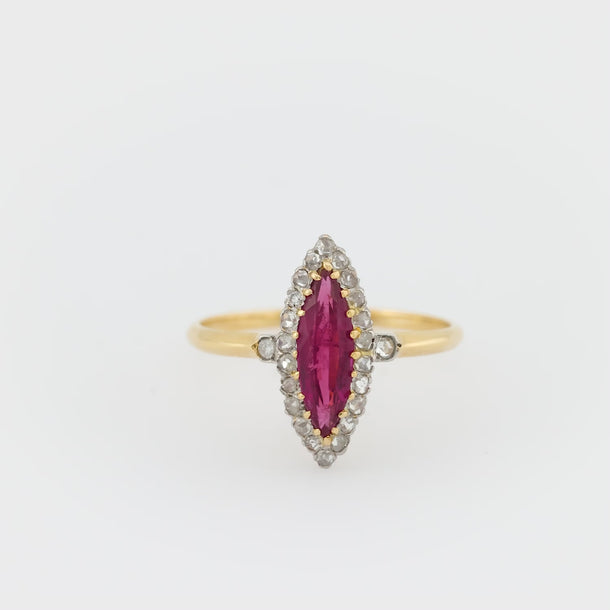 Edwardian GIA ruby diamond 18k yellow gold navette ring Jack Weir & Sons