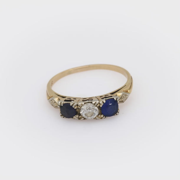 Victorian diamond sapphire 14k yellow gold 3 stone ring Jack Weir & Sons