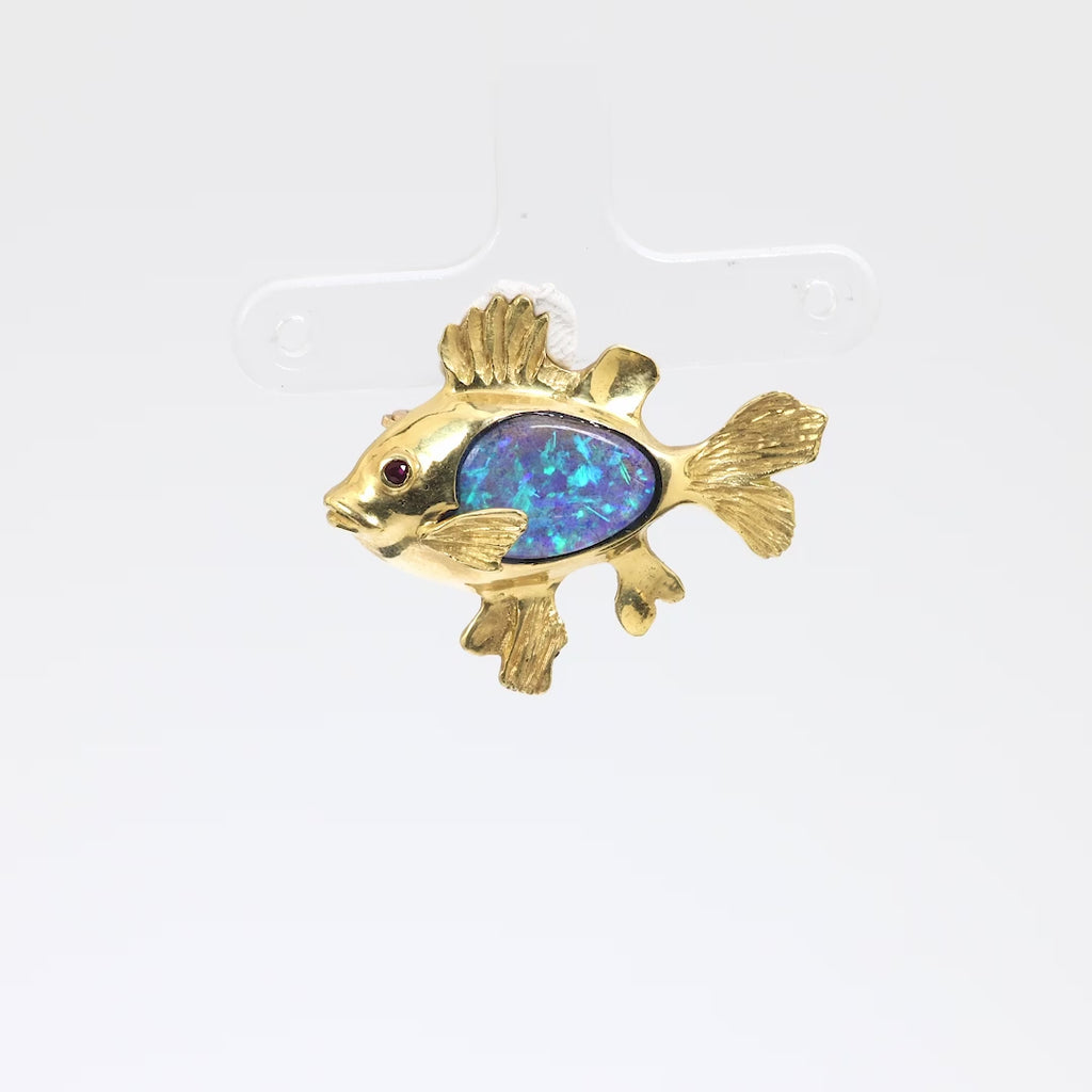 Vintage opal ruby 18k yellow gold fish brooch Jack Weir & Sons