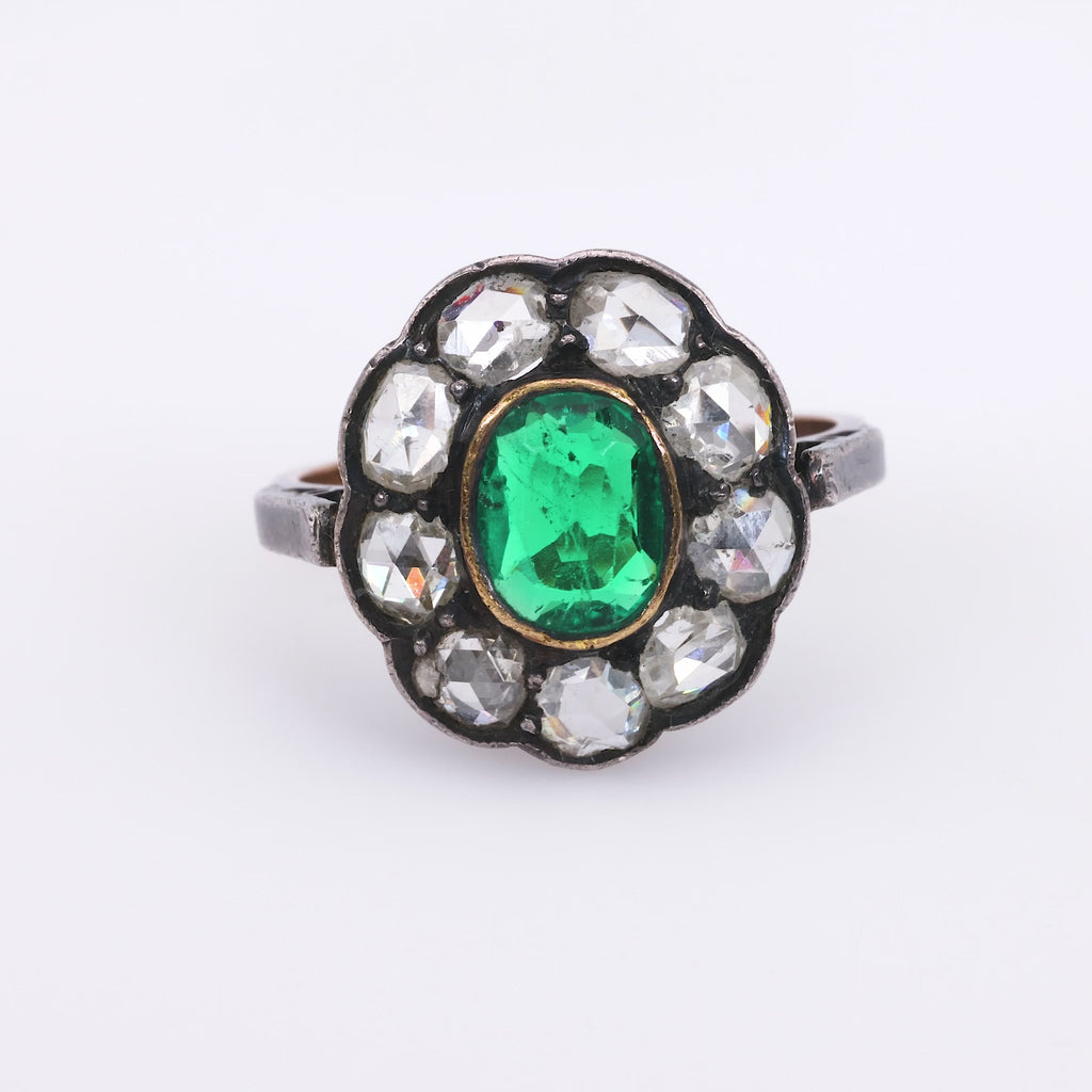 Edwardian Emerald Diamond 14K Yellow Gold and Silver Cluster Ring