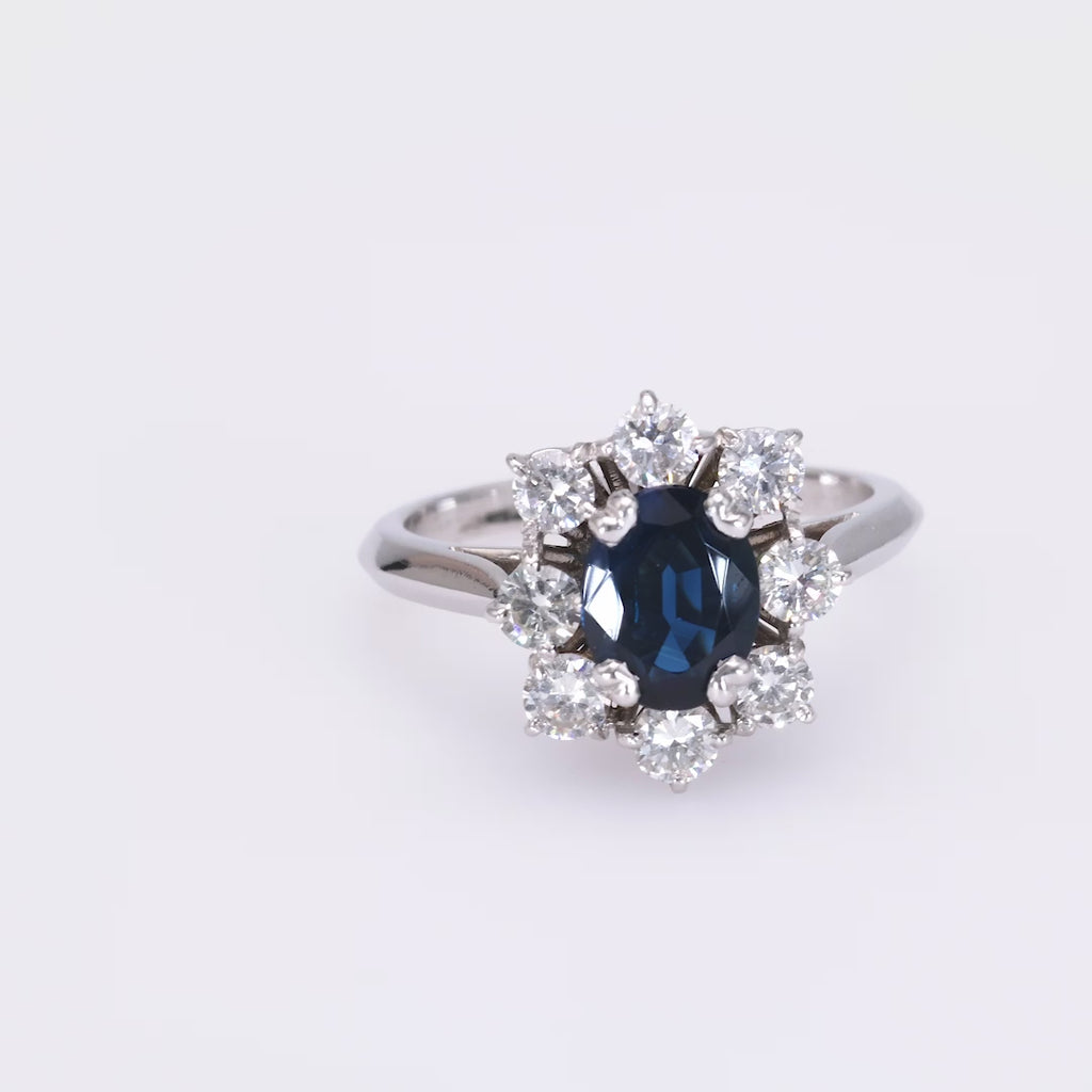 French Sapphire Diamond Platinum and White Gold Cluster Ring