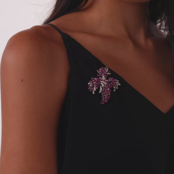 Retro 10.00 carat pink sapphire diamond 14k white gold brooch
