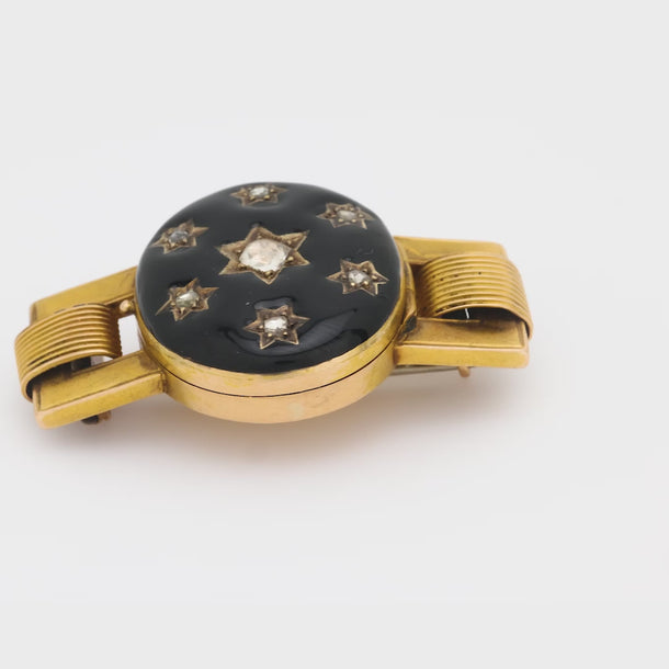 Antique rose cut diamond 18k yellow gold enamel mourning locket brooch