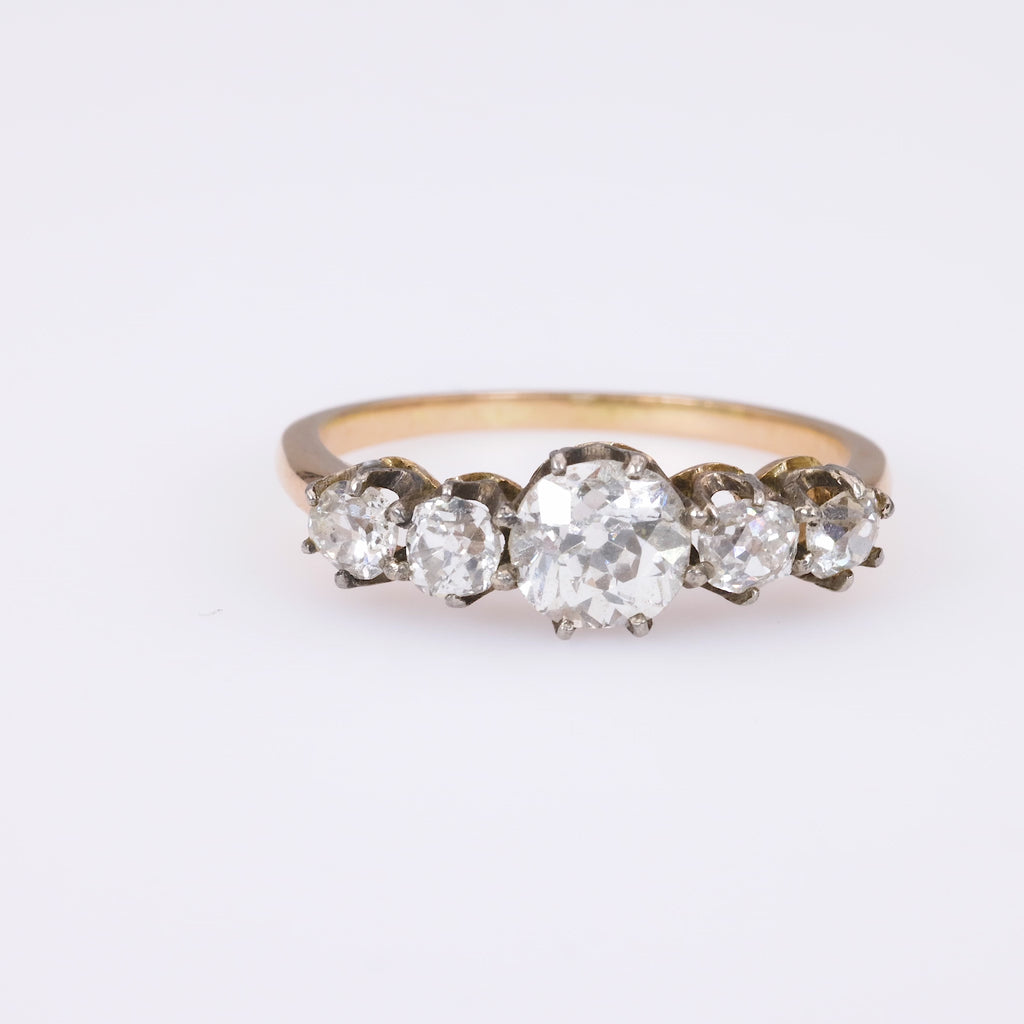 Antique Diamond 14K Yellow Gold Silver Five Stone Ring