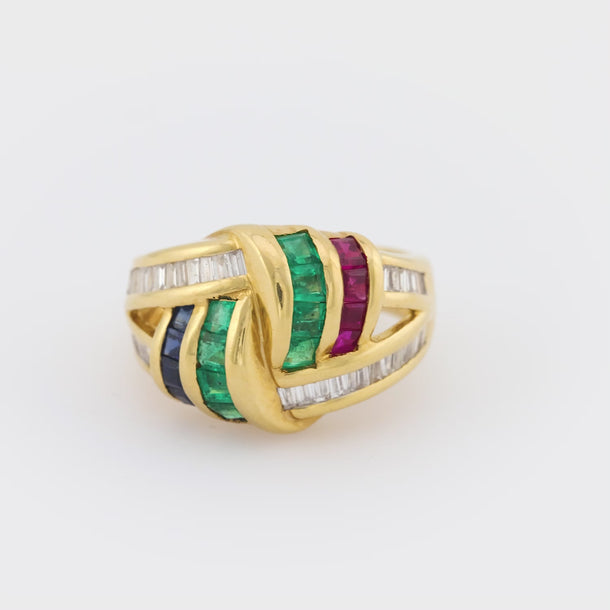 Vintage diamond emerald ruby sapphire 18k yellow gold cocktail ring Jack Weir & Sons