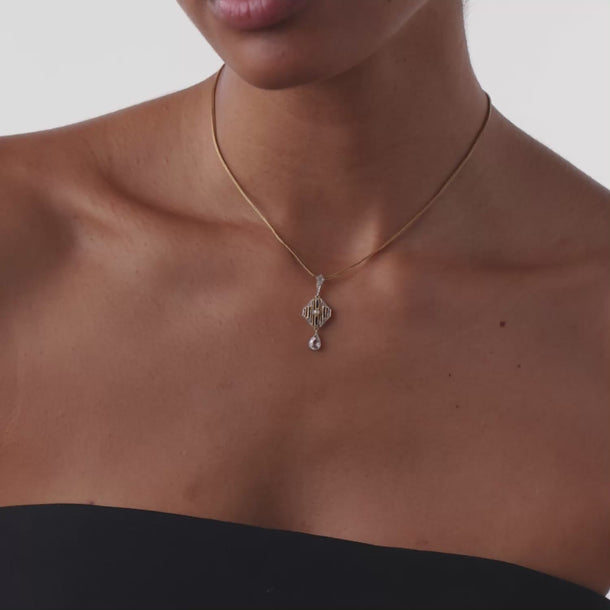 Victorian pearl sapphire diamond 14K yellow gold and platinum drop pendant