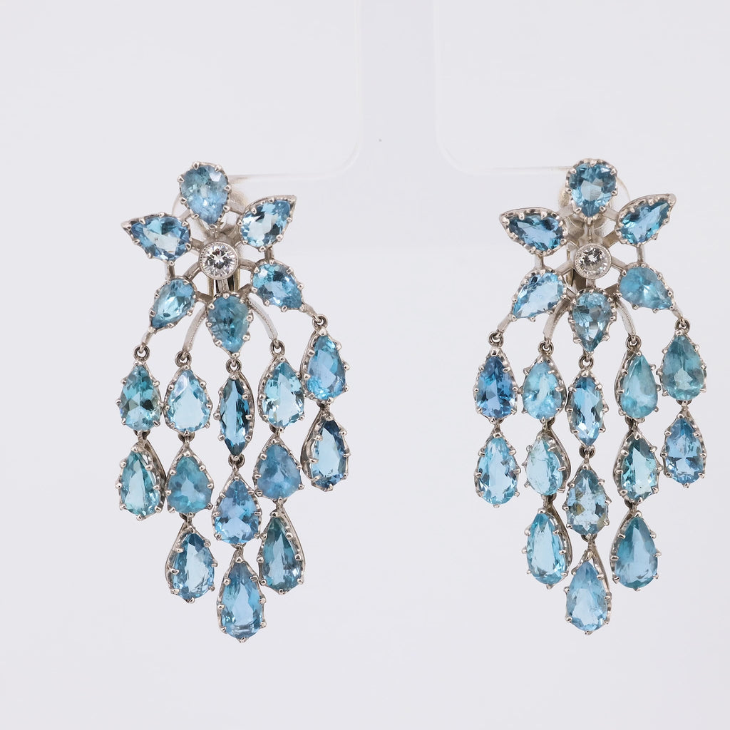 Mid Century inspired 14 carat aquamarine diamond chandelier earrings Jack Weir & Sons