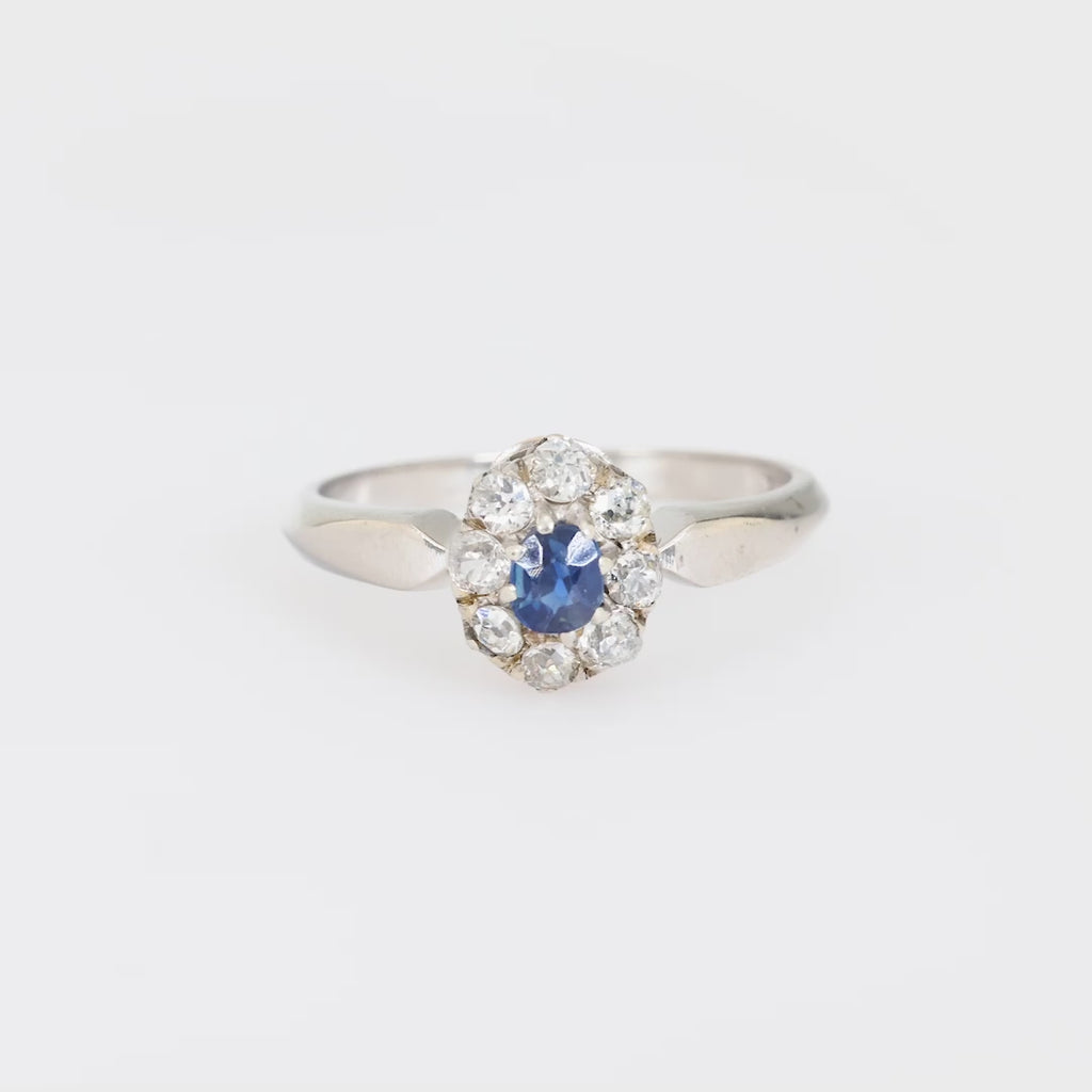 Art Deco sapphire diamond platinum halo ring