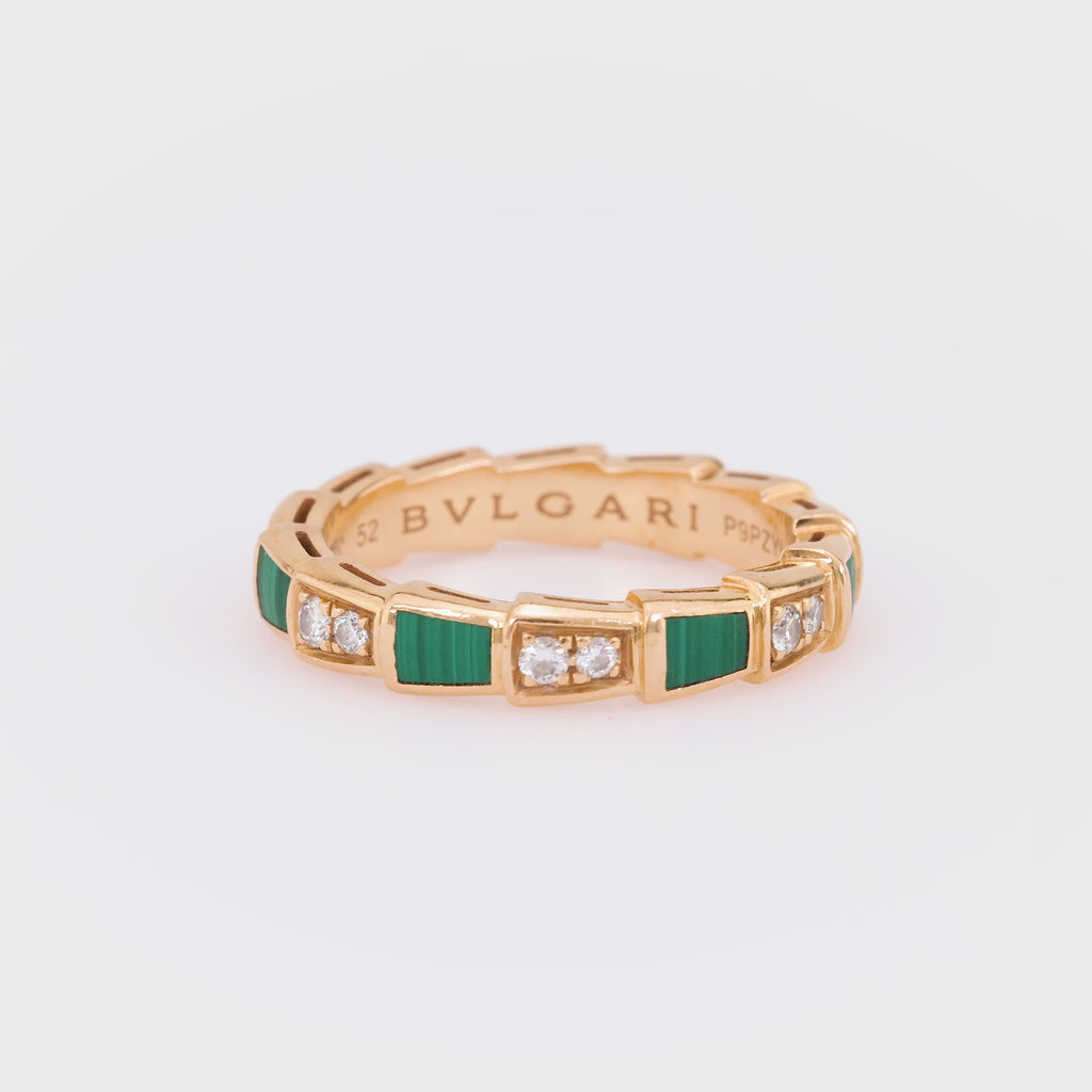 Bvlgari Diamond Malachite 18K Rose Gold Serpenti Viper Ring