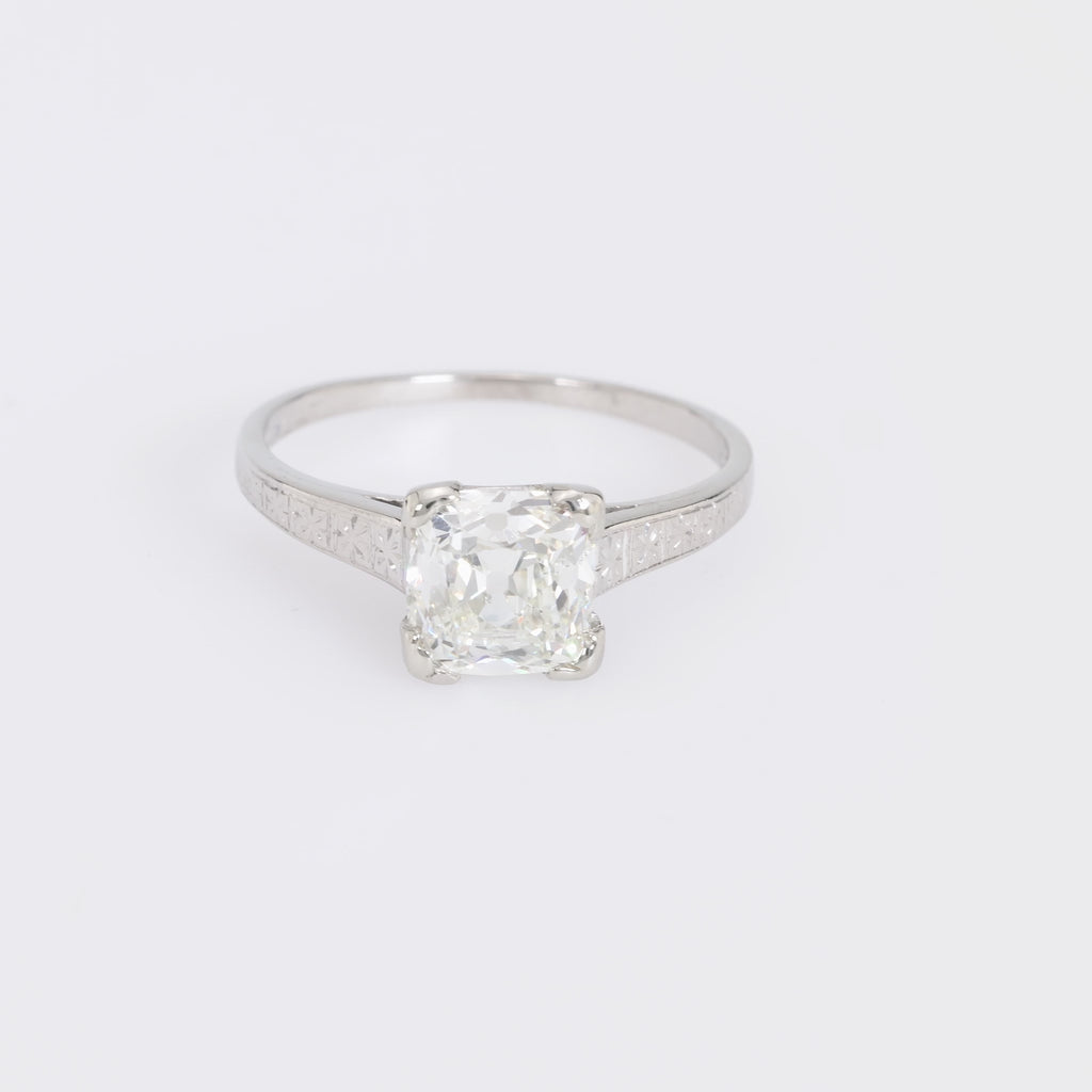 Art Deco GIA 1.51 carat cushion cut platinum solitaire engagement ring Jack Weir & Sons