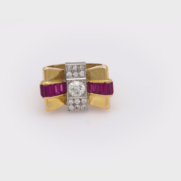 Retro diamond ruby 18k yellow gold tank ring Jack Weir & Sons