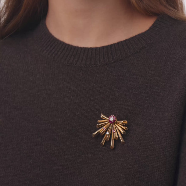 Retro ruby diamond 14k rose gold spray pendant brooch