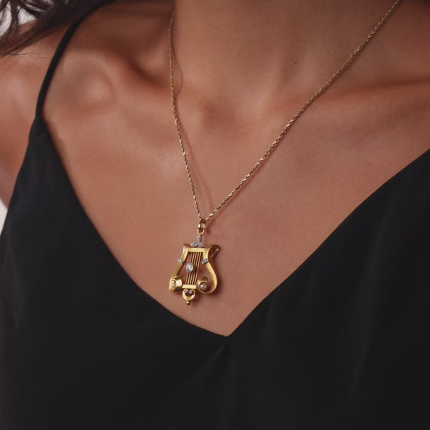 Victorian diamond pearl 18k yellow gold lyre necklace