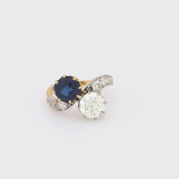 Victorian French GIA diamond no heat sapphire 18k yellow gold toi et moi ring