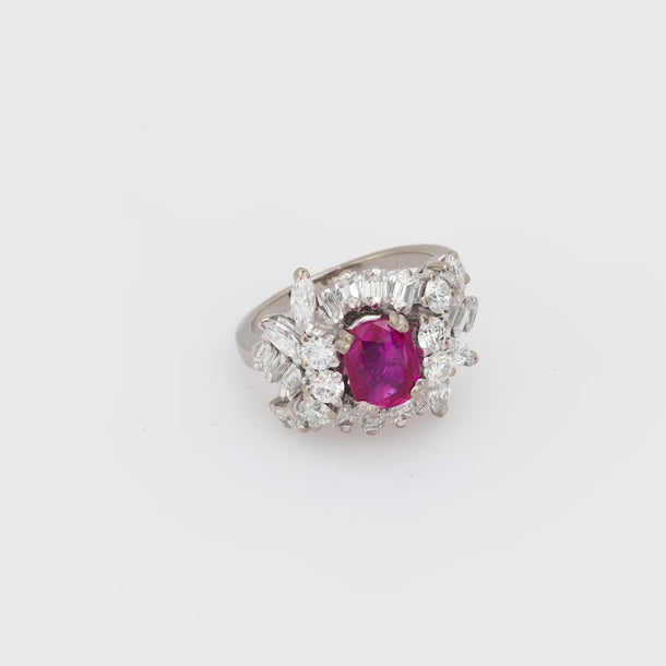 Mid Century 1.56 carat Burma no heat ruby diamond 18k white gold cluster ring Jack Weir & Sons