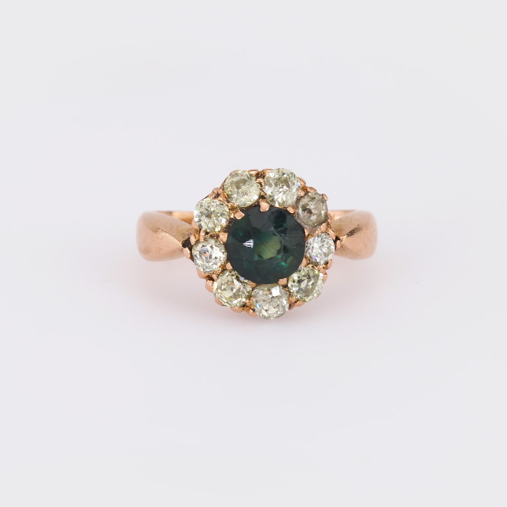 Victorian Sapphire Diamond 18K Rose Gold Cluster Ring