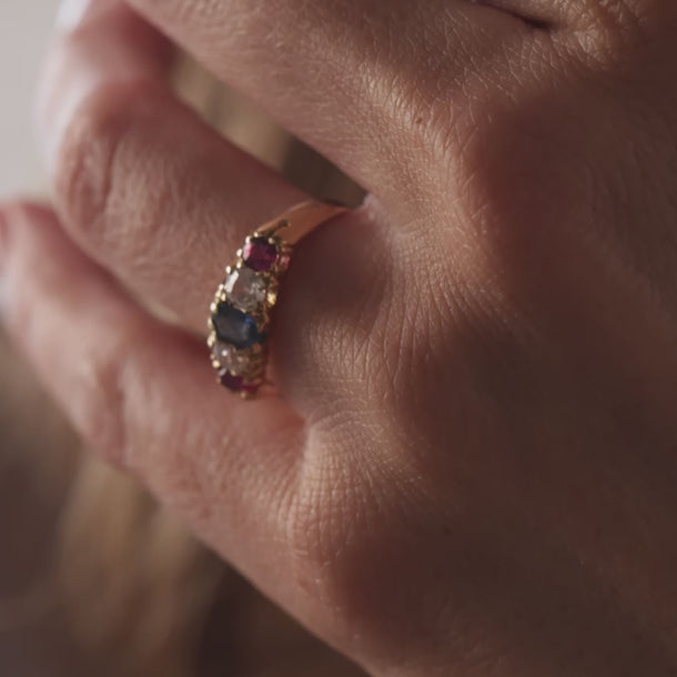 Victorian English sapphire ruby diamond 18k yellow gold five stone ring Rings Jack Weir & Sons