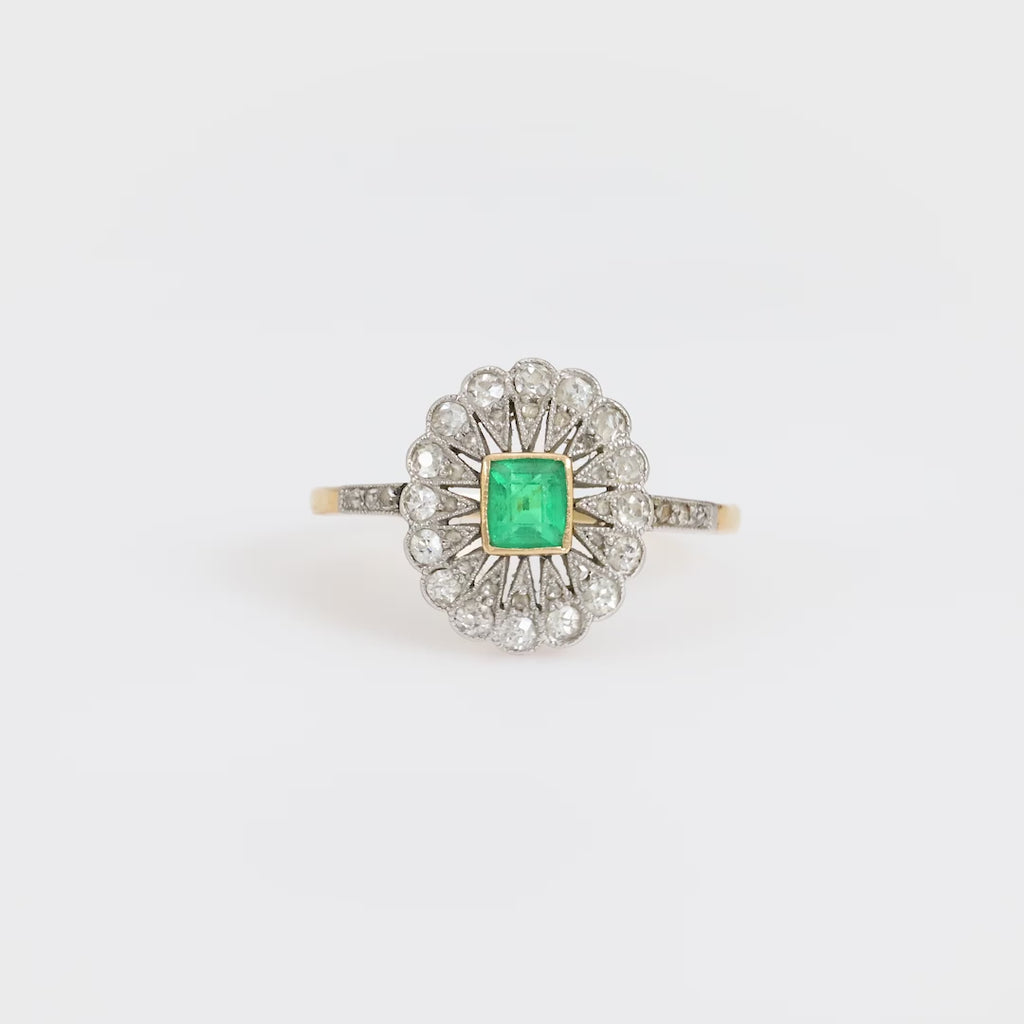 Edwardian emerald diamond 18k yellow gold ring signed Koch Koch